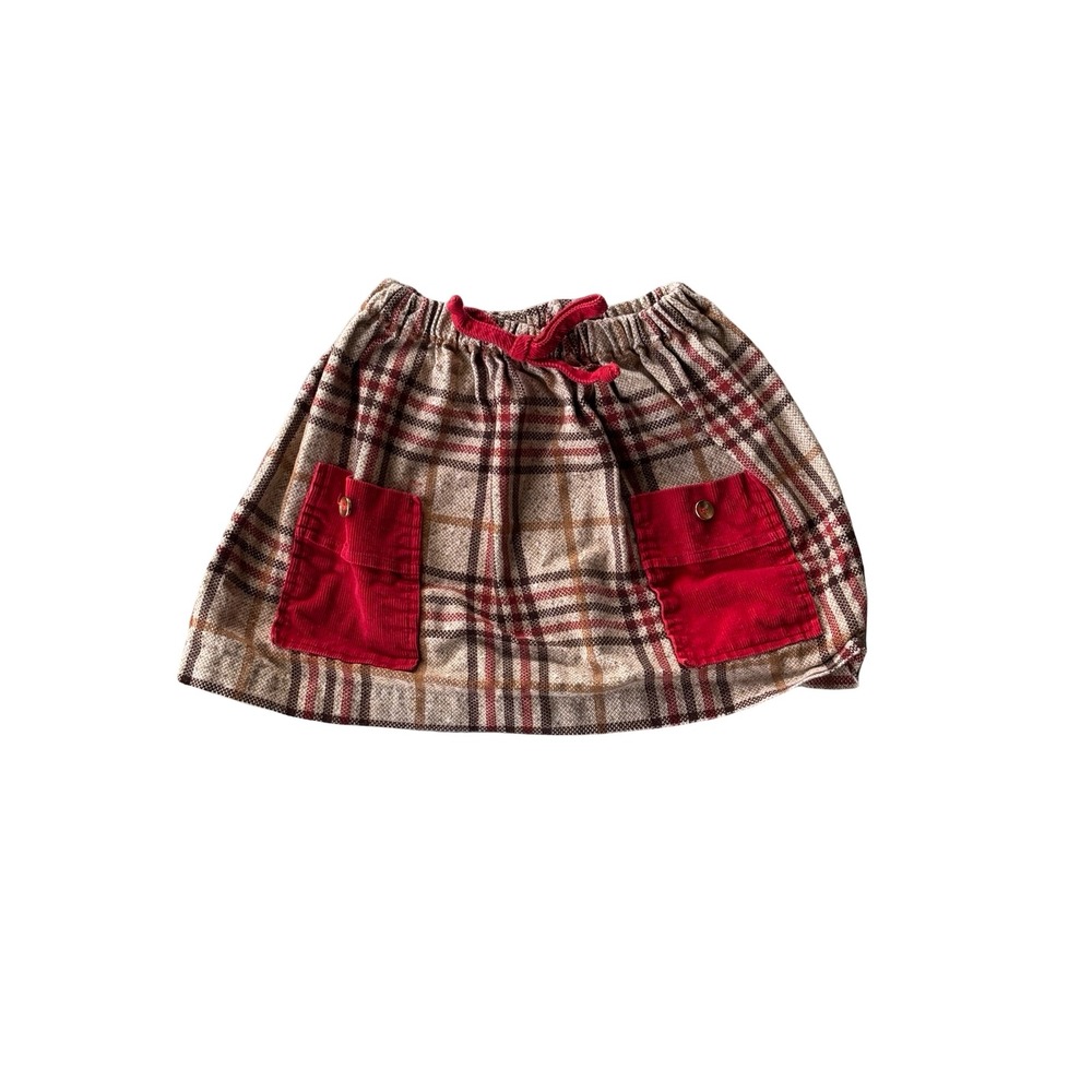 Vintage Plaid Skirt Kids Size 9 Tan Red Corduroy Pockets Elastic Waist Preppy